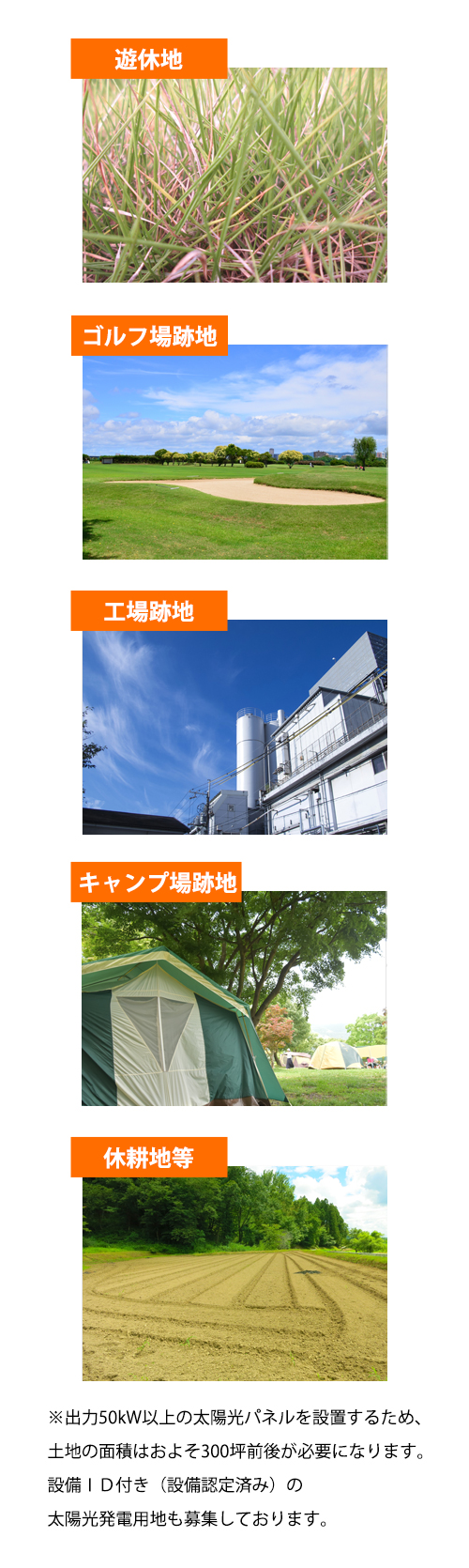 遊休地・ゴルフ場跡地・工場跡地・キャンプ場跡地・休耕地等